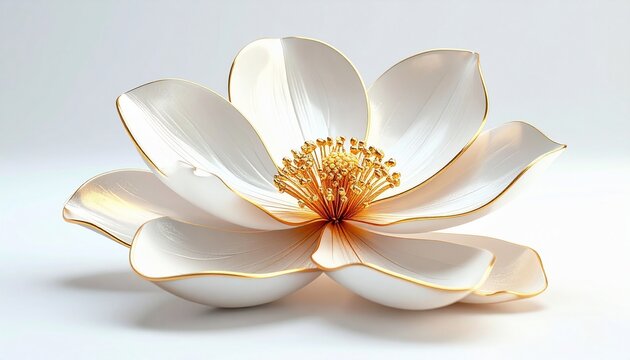 Luxury Botanical Flower with Smooth Petals and 24K Gold Outline Detailing Isolated on White Background