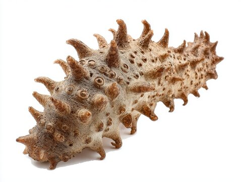 Macro Studio Shot Of A Spiky Brown Sea Cucumber Isolated On A Clean White Background