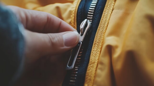 Close-up of a hand zipping up a bright yellow jacket