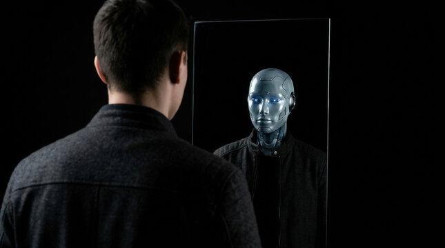 Man looking in mirror robot human reflection artificial face self identity digital life dark background black jacket future concept