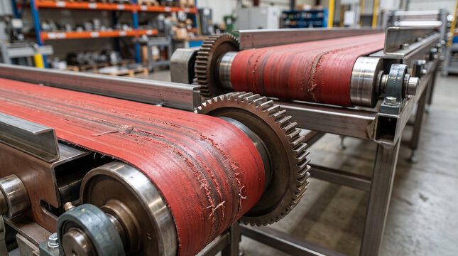 Close-up of a conveyor belt system showcasing gears and worn-out belts in a factory setting