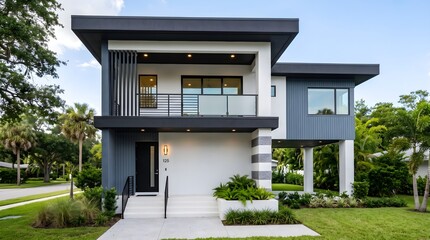 Fototapeta premium Contemporary Luxury Villa Facade with Flat Roof and Elegant Balcony