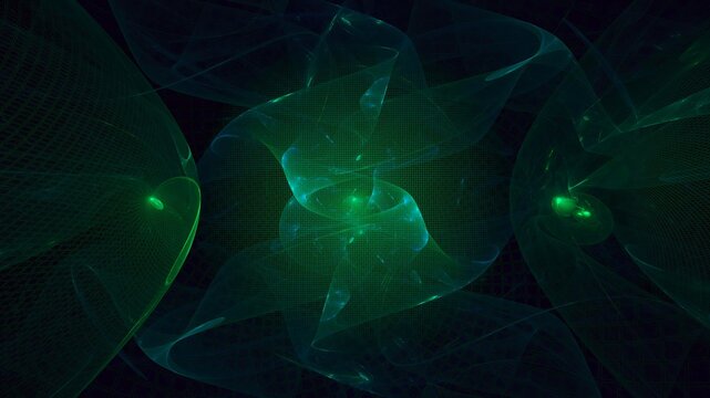 Illustration created as a 3D render without generative AI, abstract futuristic light burst with geometric particles and radiant energy background