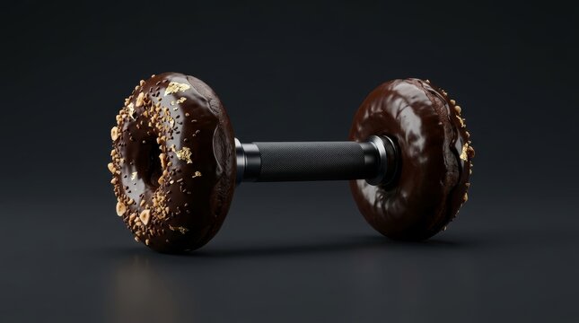 Creative conceptual barbell with glazed chocolate donuts on dark studio surface