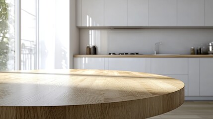 Fototapeta premium Light-filled modern kitchen, round wooden table