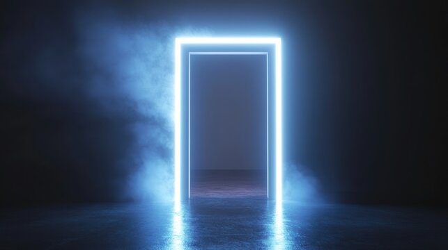 A dark, empty room with a glowing neon blue rectangle framing a doorway. Foggy atmosphere