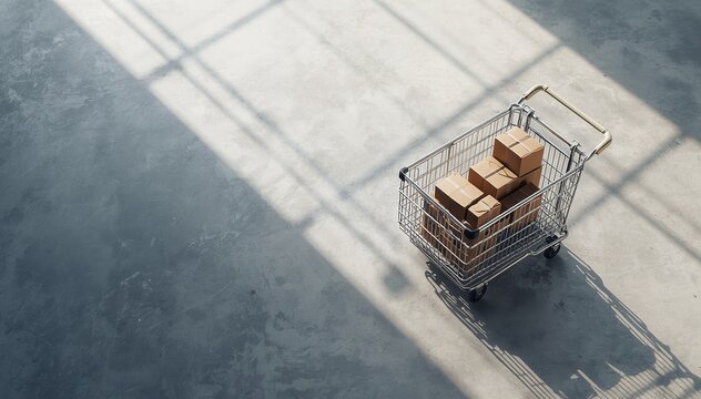 Shopping Cart Filled with Cardboard Boxes on Concrete Floor with Sunlight Shadows