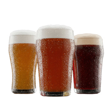 Three ice-cold draft beers: pale golden lager, rich amber ale, deep ruby red ale in frosted glasses, heavily sweating, thick foam, black reflective background. Concept for premium beverage advertising
