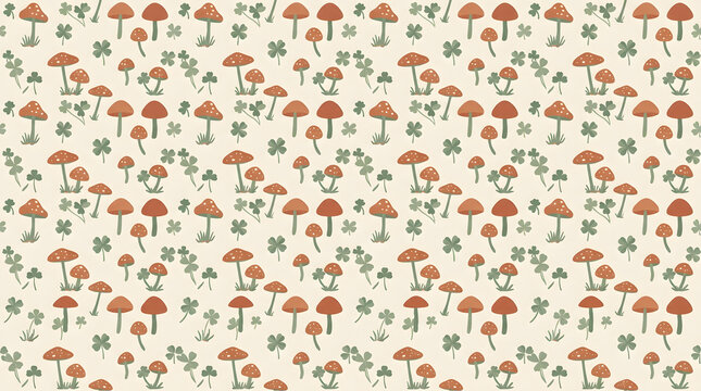 Seamless pattern with hand-drawn mushrooms and clovers | Vintage cottagecore autumn forest floor background | Flat vector illustration of shamrocks and fungi | Aesthetic nature print for wrapping pape