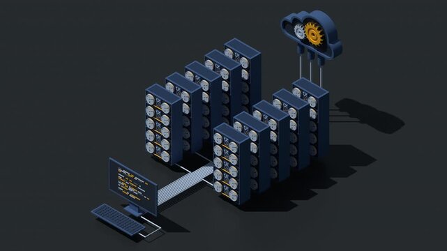 3D isometric monitoring big data storage animation. Data transmission technology. Online hosting technology concept. Isometric technology. 4K video animated in isometric style