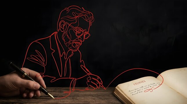 Continuous red line drawing of male author writing in book on wooden desk with hand holding fountain pen symbolizing creative process and connection between writer and stories in conceptual artwork.