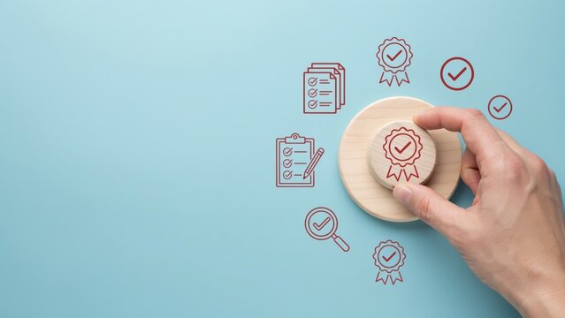 Hand holding wooden circle with check mark icon on light blue background, surrounded by quality assurance symbols.