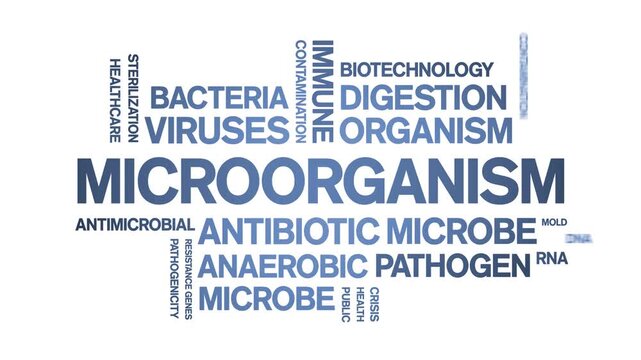 Microorganism animated word cloud-text design animation tag kinetic typography seamless loop.