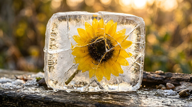 Yellow sunflower frozen inside a cracked block of ice outdoors | Preserved summer flower in crystal clear ice | Concept of resilience and frozen beauty | Artistic botanical nature photography