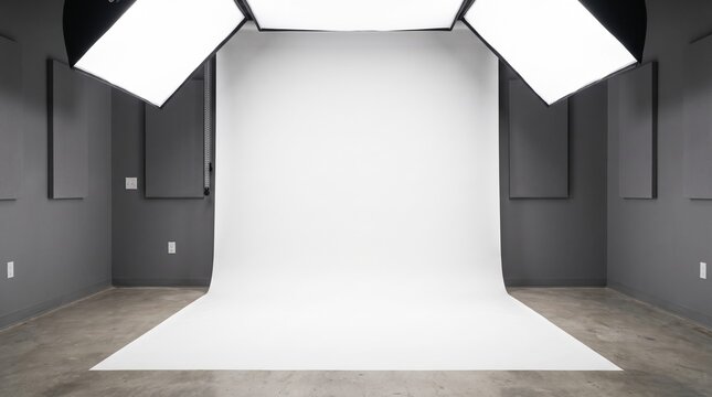 Empty professional photo studio with white backdrop and overhead softbox lighting equipment photography background