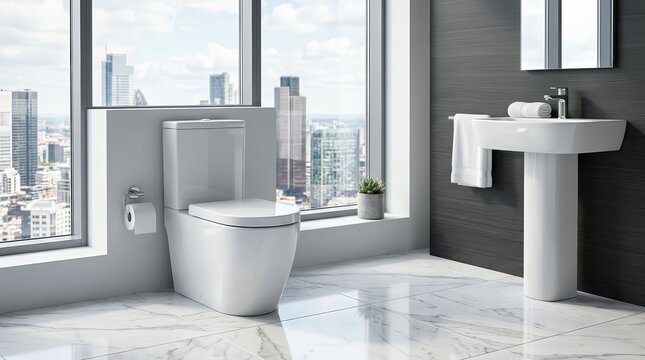 Elegant modern bathroom with white toilet, bidet, and city skyline view.