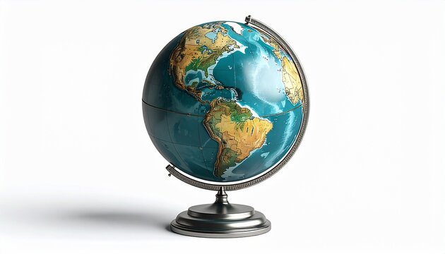Realistic 3D globe with accurate map texture and metallic stand, isolated on pure white background