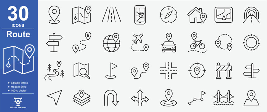Collection Of thirty Route And Travel Related icons in line style. Navigation, location, route map, traffic, pin, Editable stroke Vector illustration