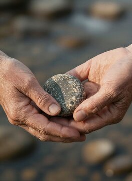 Depicts Close Of Two Hands Cupping Oval Shaped Rock With Palms Facing Persons Skin Visibly Aged Indicated By Presence Wrinkles Creases