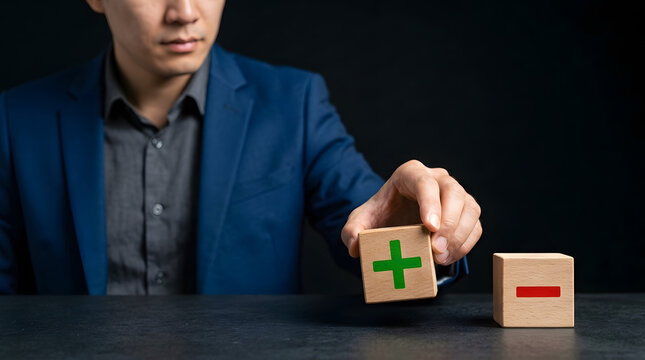 A businessman in a blue suit moves a wooden block with a green plus symbol towards another block with a red minus symbol on a dark table featuring wooden blocks