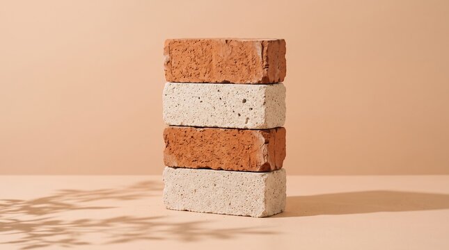 Stack of alternating red clay and white stone bricks on beige surface with leaf shadow construction material building