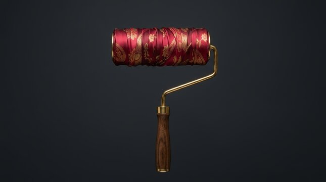 Opulent paint roller with rich red paisley silk fabric and wood handle detail