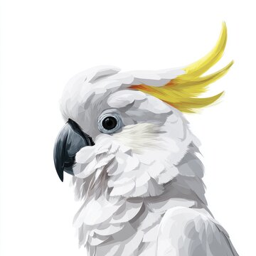 Portrait Of A White Cockatoo With Yellow Crest Isolated On A Clean White Background