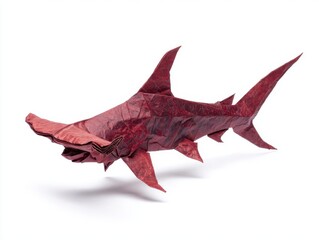 Fototapeta premium Red Paper Origami Hammerhead Shark Sculpture On A Clean White Background
