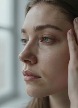 Close Portrait Of Individual With Fair Skin In Late Teens Early Twenties Persons Gender Female Indicated By Makeup As Defined Eyebrows