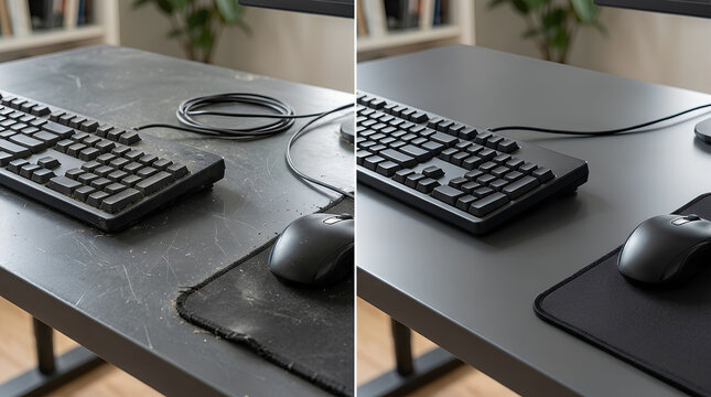comparison of two computer workstations showing old worn desk versus modern clean setup