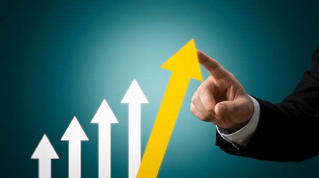 Businessman in a suit touching a large yellow upward arrow with ascending white arrows on a blue gradient background, symbolizing growth and success featuring trend, progress, increase and hand