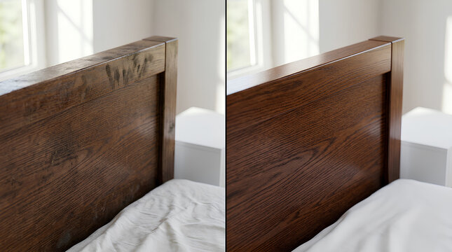 Comparison of a wooden bed headboard before and after refinishing or polishing showcasing surface transformation and wood grain