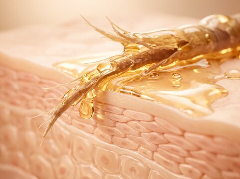 A cross-section view of human skin with a hair follicle being nourished by golden treatment oil.