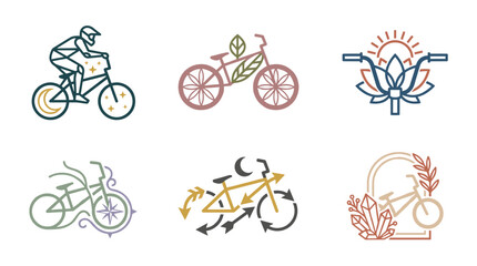 Fototapeta premium Set of six minimalist bicycle and BMX logos featuring celestial and organic elements like moons, stars, leaves, lotus flowers, and crystals in a clean line art style with muted colors.
