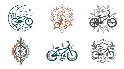 Fototapeta premium Set of six minimalist BMX and bicycle logo templates featuring celestial, nature, and geometric line art elements like crescent moons, stars, mountains, and leaves on a white background.