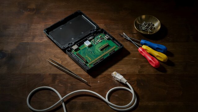 Open Raspberry Pi computer board with tools and network cable on wooden surface