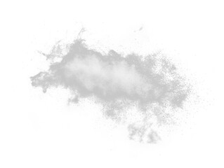 Fototapeta premium Irregular cloud-like form with varying shades of gray & white, against a solid black background. Hints of color speckles