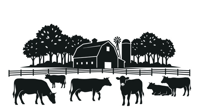 Farm landscape silhouette with cows. Rural barn scene with cattle grazing in a pasture.