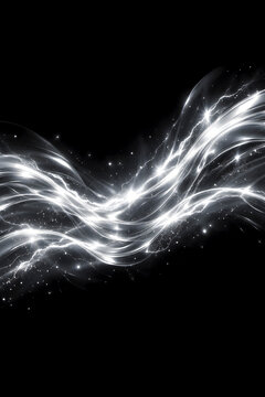 Dynamic Glowing Silver Light Waves and Sparkles on Pitch Black Background