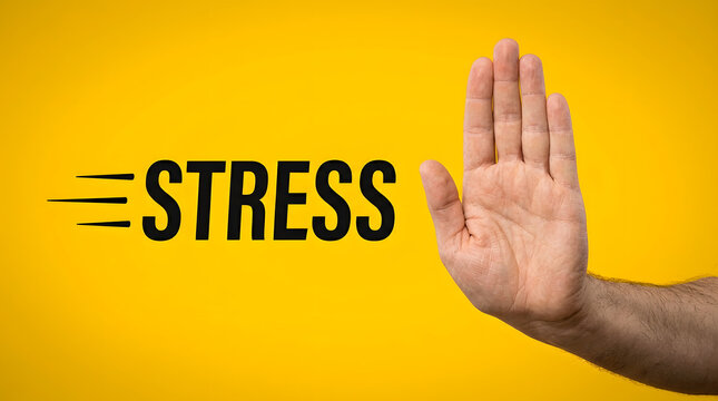 A raised hand with palm facing outward in a stop gesture against a bright yellow background with the word STRESS in bold black text and motion lines featuring human hand, open palm and solid color