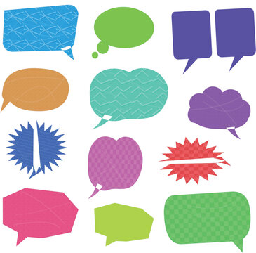 Set of colorful speech bubbles and comic chat box shapes for social media communication