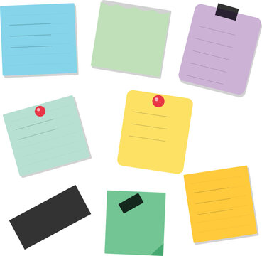 Set of colorful sticky notes with pins and tape for reminders and office organization