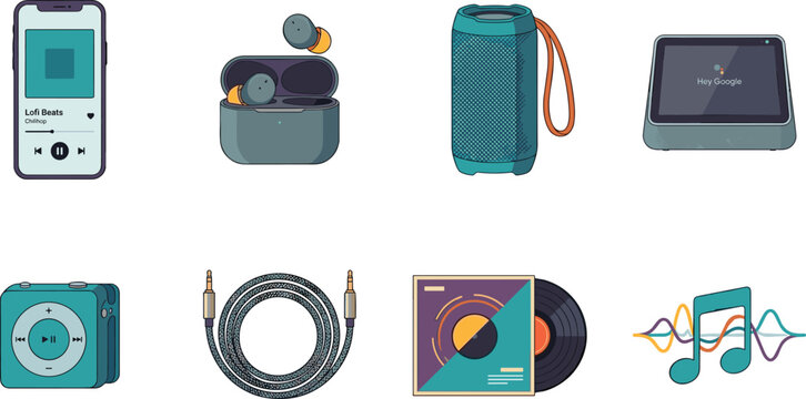 Modern Audio Equipment and Music Technology Vector Icon Set Featuring Wireless Earbuds Portable Speaker and Vinyl