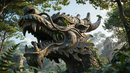 Naklejka premium Ancient Dragon Sculpture in a lush natural environment surrounded by trees