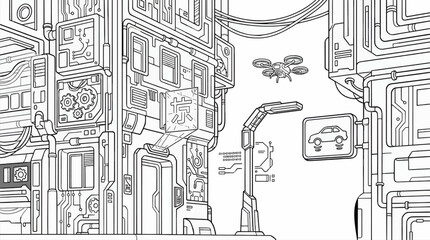 Obraz premium Black and White Cyberpunk Cityscape Illustration with Futuristic Buildings, Drone, and Digital Displays, Clean Line Art Style