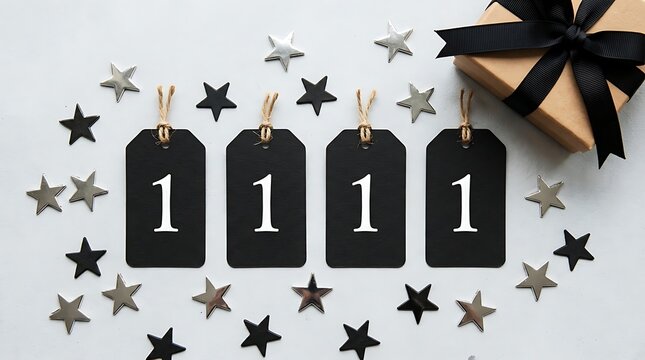New Year 2024 celebration with black tags labeled 1111, stars, and a gift box on white background