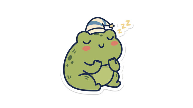 Cute sleeping green frog in nightcap sticker vector illustration