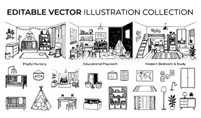 Fototapeta premium Editable Children’s Room Interior Collection with Nursery Furniture and Decorative Elements Vector Illustrations