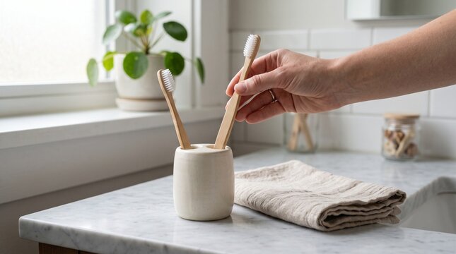 Hand holding bamboo toothbrush in bathroom. Eco friendly dental care routine at home.