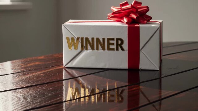 a celebratory gift box adorned with a red ribbon is displayed on a wooden table from a top-down perspective, creating a clean and natural commercial setting with ample copy space for your e.